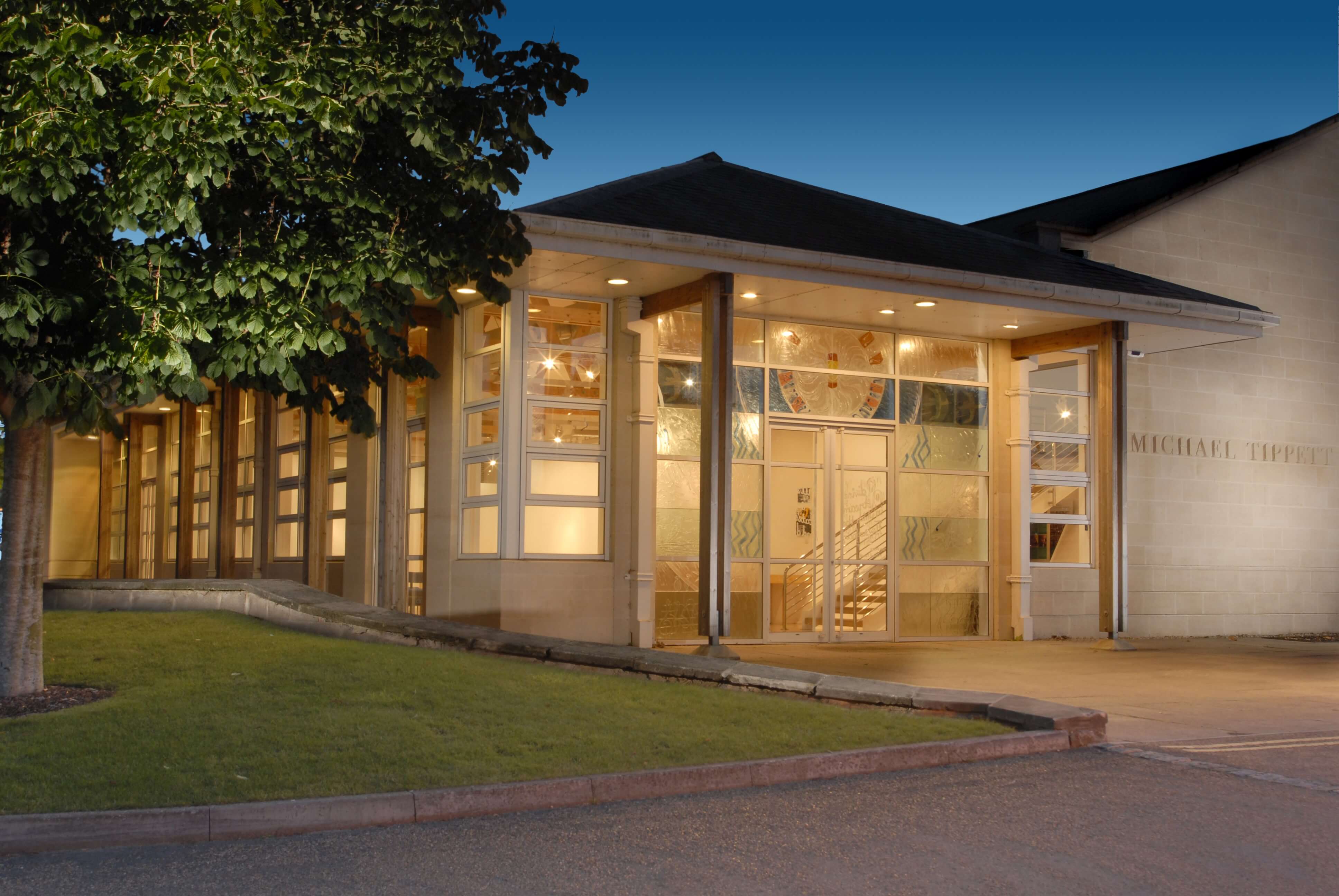 Exterior shot of the Michael Tippett Centre at night