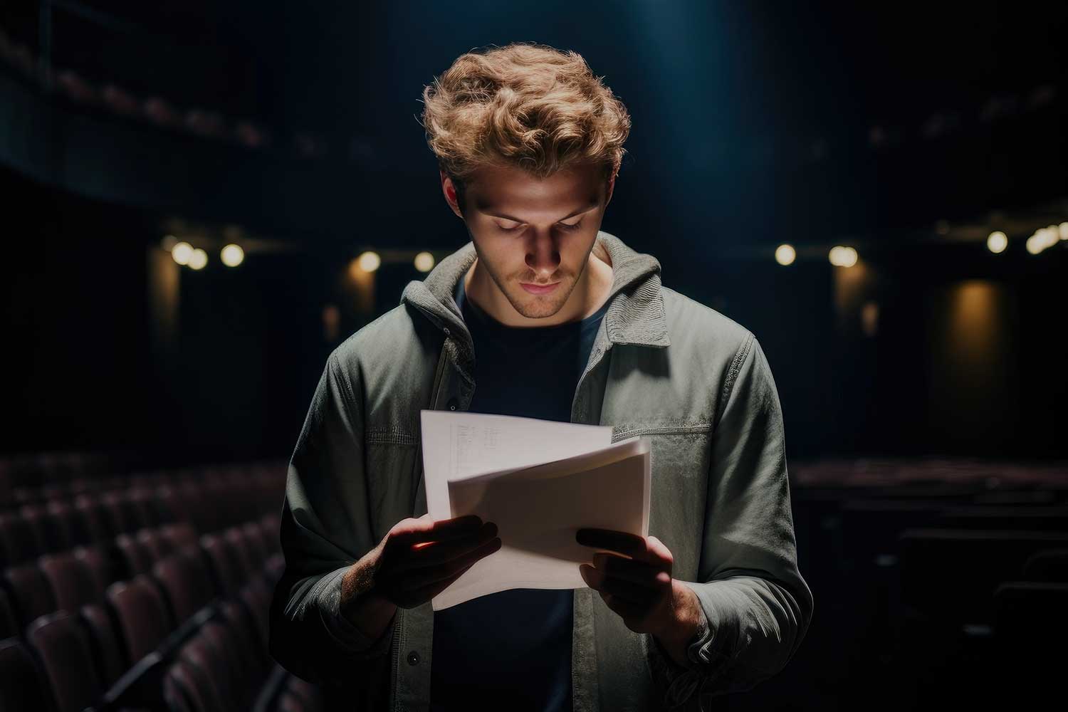 An actor reads a script in a theatre