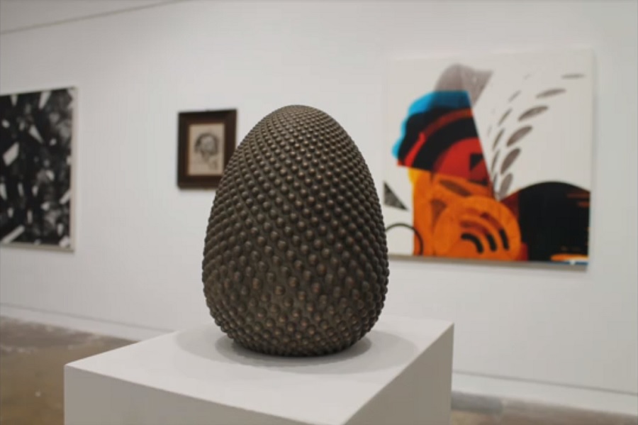 Egg shaped sculpture in an art gallery
